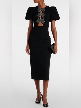 Rebecca Vallance Eliana Crystal-Embellished Velvet Puff-Sleeve Midi-Dress
